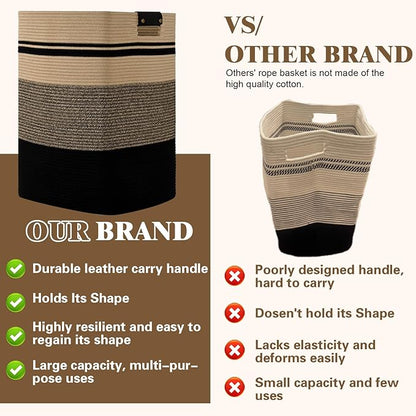 Laundry Hamper, 95L Tall Laundry Basket with Leather Handles, Rectangle Large Clothes Hamper for Organizing, Cotton Woven Laundry Baskets Storage Hampers for Bedroom, Nursery, Living Room