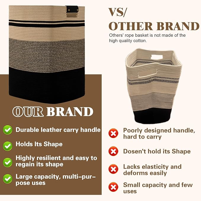 Laundry Hamper, 85L Tall Laundry Basket with Leather Handles, Rectangle Large Clothes Hamper for Organizing, Cotton Woven Laundry Baskets Storage Hampers for Bedroom, Nursery, Living Room