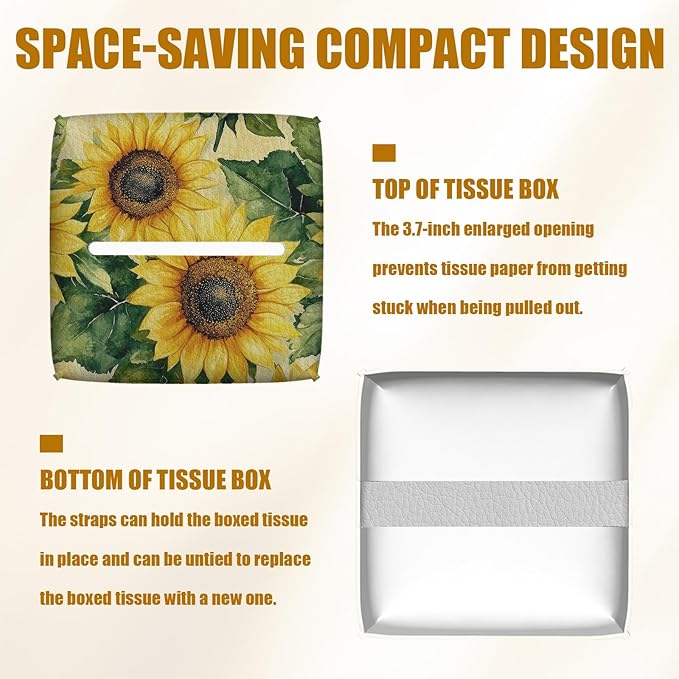 Watercolor Sunflower Tissue Box Cover 2PCS, Leather Tissue Box Holder Square Facial Paper Case Tissue Box Cube Organizer for Bathroom Bedroom Desk Office