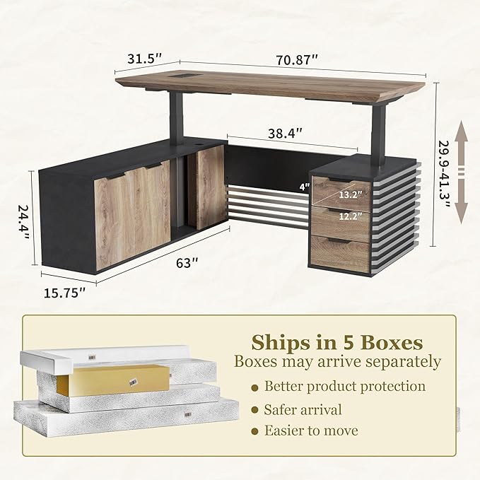 SAINTCY 70.87In L Shaped Executive Standing Desk with Drawers, Large Modern Adjustable Heigh Home Office Desk w/Universal Charging Ports, Business Workstation, Black and Warm Oak