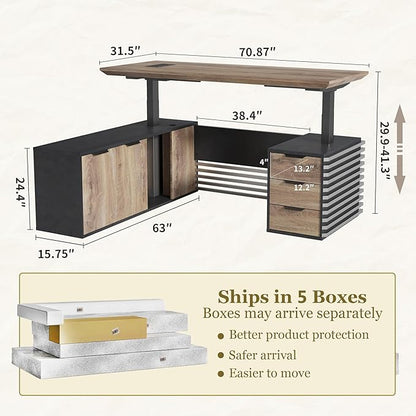 SAINTCY 70.87In L Shaped Executive Standing Desk with Drawers, Large Modern Adjustable Heigh Home Office Desk w/Universal Charging Ports, Business Workstation, Black and Warm Oak