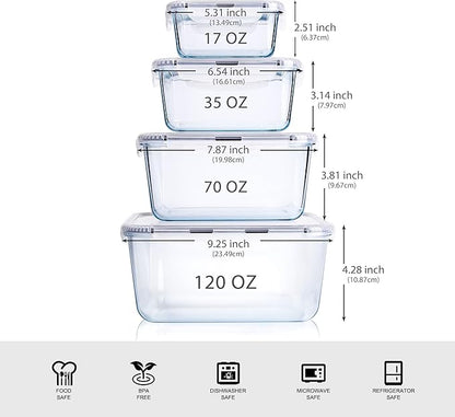 Extra Large Glass Storage Containers with Lids, Set-8-Piece Lunch Containers, Ideal for Storing Food, Vegetables, Fruits, Baking Cake & lot of other Tasty Food (Square)