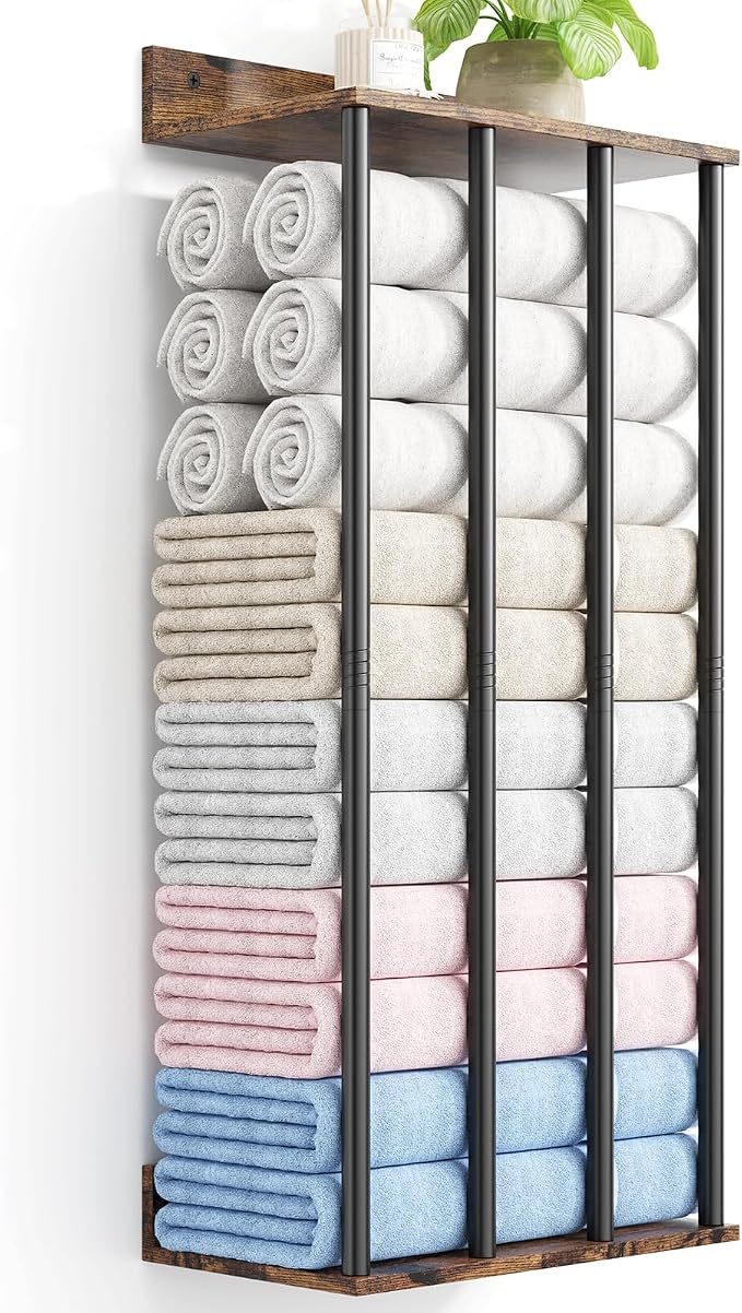 Towel Racks for Bathroom Wall Mounted, Updated 4 Bar Wall Towel Holder | Large Bathroom Towel Storage Rack for Rolled Towels, Vintage Metal Towel Organizer Shelf with Wooden Storage Shelf