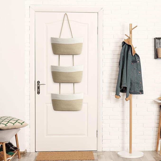 TeoKJ Over the Door Hanging Basket, 3-Tier Woven Cotton Wall-Mounted Storage Organizer Bag Decorative Hanging Nursery Baskets, White & Jute
