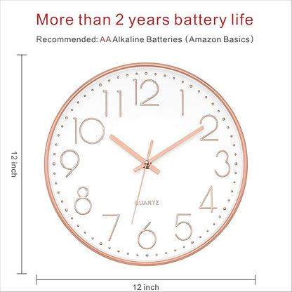 Foxtop Modern Wall Clock 12 Inch Non-Ticking Silent Battery Operated Round Quartz Rose Gold Wall Clock for Office Bedroom Living Room Kitchen Home School Decor