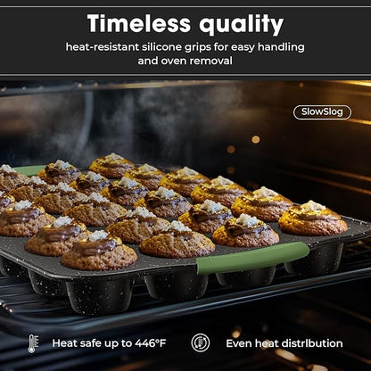 11-Piece Nonstick Bakeware Set, Stackable & Oven-Safe Kitchen Baking Pans with Silicone Handles - Includes Cookie Sheet, Cake Pan, Muffin Tin, Pizza Stone & Bread Loaf Pan, Dark Green&Black
