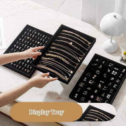 Large Velvet Jewelry Tray 2 Pack Stackable Jewelry Display Drawer Inserts Trays Organizer for Earring Bracelet Necklace Ring (Black, 20 Hooks)