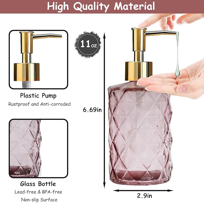 Glass Soap Dispenser with Gold Plastic Pump, 12oz Refillable Liquid Hand Soap Dispenser, 2 Pack Crystal Lotion Bottle for Modern Home Decor, Bathroom, Kitchen Countertop, Hotel