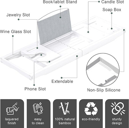 Foldable Bathtub Caddy Tray for Tub,Bamboo Expandable Bath Table Trays,Premium Bathroom Accessories for New Home & Mothers Day & Birthday Gifts for Couples,White