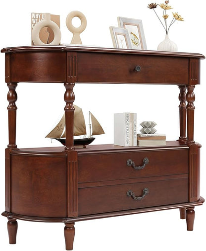 HMFULE Solid Wood Retro Curved Console Table, 43" Half Moon Console Table Sofa Table Entryway Table with 3 Drawers Open Shelf Pine Roman Legs Curved Corners for Living Room,Entryway,Hallway,Cherry