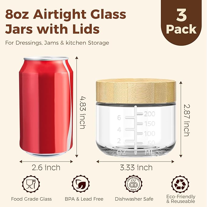 8oz Glass Jars with Airtight Lids - 3 Pack Overnight Oats Containers with Bamboo Lids, Small Food Containers with Measurement for Yogurt, Salad, Chia, Wide Mouth Mason Jar with Lid for Food Storage