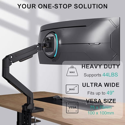 WALI Heavy Duty Single Monitor Arm for 13-49 inch 1000R Curved Screens, up to 44 Lbs, Adjustable Single Monitor Desk Mount with C-Clamp, Grommet Base, 75/100mm VESA Mount (GSM001XL), Black