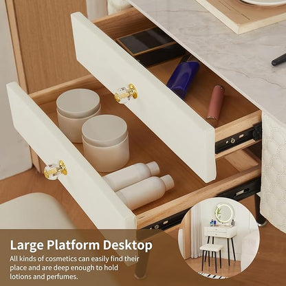 Makeup Vanity with Round Mirror,Light,Two Drawers,Cushioned Stool Set.Small Dressing Table for bedrooms and Dressing Rooms.White