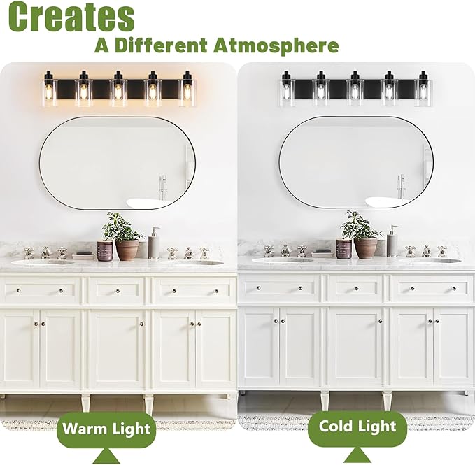 Matte Black Bathroom Light Fixtures,5-Light Bathroom Lights Over Mirror with Clear Glass Shade,Wall Sconces for Bathroom, Bedroom, Hallway