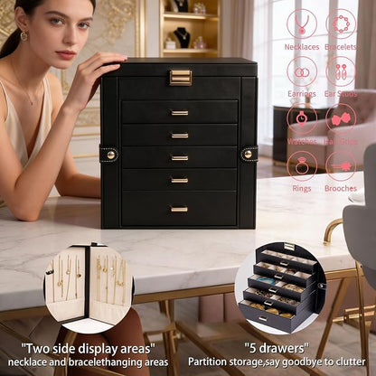 BOOVO Jewelry Box For women, 6 Layer Large Jewelry Organizer With Mirror, Multi-Function Storage Box, Necklace Holder With 5 Drawers, For Earrings Necklace Bracelet (Gold and Black)
