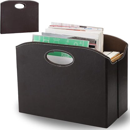 WRINGKIT Leather Magazine File Holder, Foldable Magazine Basket with Handles, Stable Brown Magazines Rack Floor, Document File Folder Organizer Box, Books Newspaper Storage Bin for Office Home School