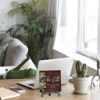 Inspirational Christian Desk Decor, Be Still And Know That I Am God Rutsic Sign, Desk Decorations For Office Home Living Room Bathroom, Eucalyptus Shelf Decor, Wooden Plaque With Stand (05)