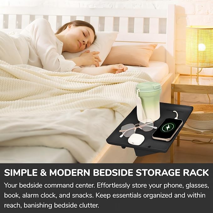 Bedside Shelf for Bunk Beds & Top Bunk, Clip On Nightstand with Cable Catch, White, 35lbs Capacity, College Dorm Room & Kids Room (Black)