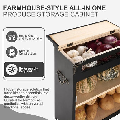 Mini Potato and Onion Storage Bin - Wooden Storage Box for Kitchen Countertops, Vegetable Storage Bins, 12.2" W x 6.5" D x 16" H (Black)