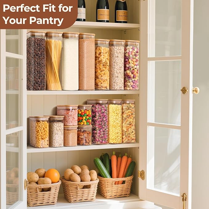 ComSaf 1.8Qt Rectangular Glass Food Storage Containers with Lids, 3-Piece Airtight Cereal Containers Storage, Glass Jars with Bamboo Lids, Space Saving Pantry Organizers for Flour, Pasta, Nut & Coffee