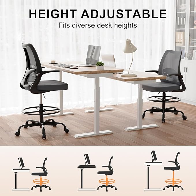 Tall Drafting Chair Ergonomic Home Office Desks Chairs Standing Desk Chair with Flip-up Armrests Adjustable Height Breathable Mesh Office Chair with Lumbar Support and Adjustable Footrest Ring Grey