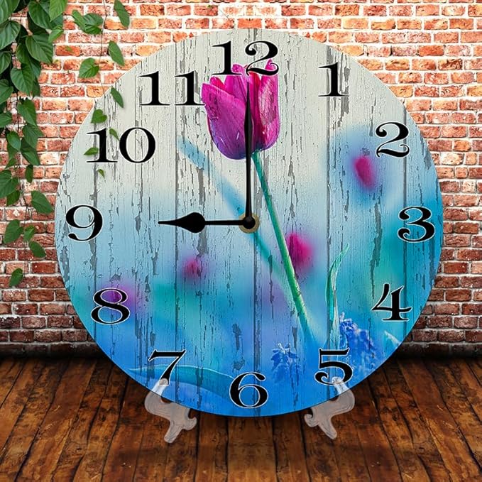 Purple Tulip Wall Clock 10 Inch Silent Non Ticking Battery Operated Wooden Modern Office Simple Minimalist Clock Decorative for Kitchen Home Bathroom Living Room