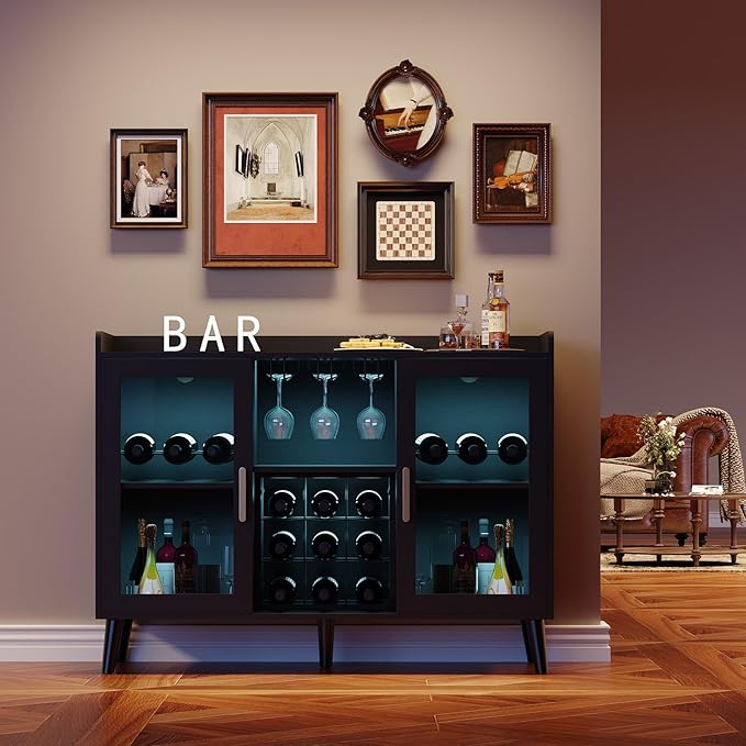 Garvee Modern Wine Bar Cabinet with LED Light, Wood Kitchen Coffee Bar Home Liquor Cabinets with Glass Holder, Doors and Wine Racks Buffet Sideboard with Storage for Living Room