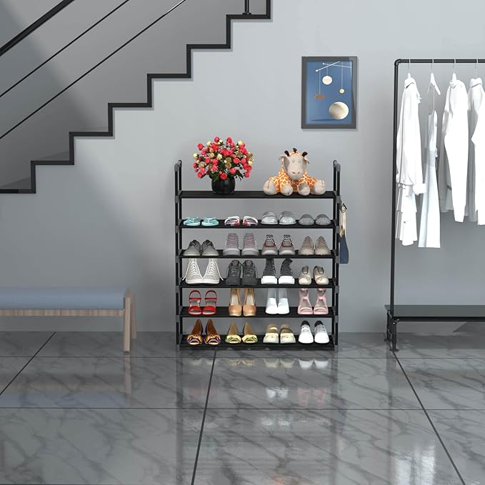 6 Tiers Metal Shoe Rack,Adjustable Shoe Shelf Storage Organizer with Hooks,Stackable Boot & Shoe Storage,for Entryway,Hallway,Closet,Black