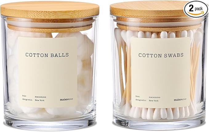 Maisonovo Glass Bathroom Containers with Lids (Airtight) - Qtip Holder - Apothecary Jars for Cotton Rounds, Swabs, Balls, Pads - Clear Q Tip Dispenser - 2 pcs Bathroom Canisters Set for Organization