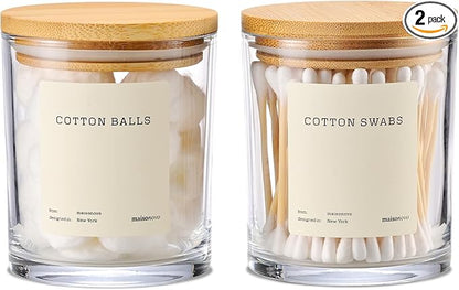 Maisonovo Glass Bathroom Containers with Lids (Airtight) - Qtip Holder - Apothecary Jars for Cotton Rounds, Swabs, Balls, Pads - Clear Q Tip Dispenser - 2 pcs Bathroom Canisters Set for Organization