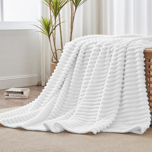 BEDELITE Fleece Throw Blanket for Couch - 300GSM Soft & Warm Fluffy White Blanket, Decorative and Giftable Striped Blankets for Women, Men, 50"x60"