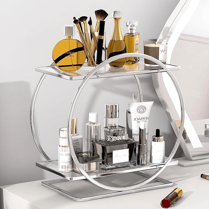 Perfume Organizer for Bedroom Dresser- Sliver Makeup Organizers for Vanity, 2 Tier Bathroom Countertop Organizer Perfume Tray Skincare Storage Cosmetic Display Rack, Make Up Counter Shelf