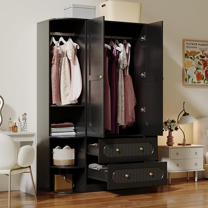 69” Fluted Large Capacity Storage Wardrobe Armoire, Wardrobe Armoire Wooden Closet with 2 Doors, 3 Hanging Rod Shelves, 2 Drawers & 6 Display Shelves, Bedroom Clothing Storage Cabinet Black