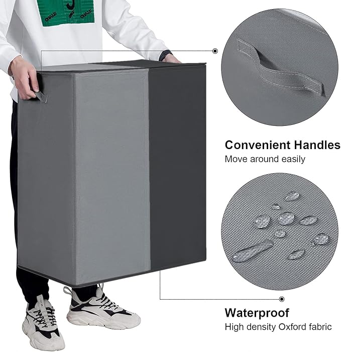 WOWLIVE Double Laundry Baseket with Lid and Removable Laundry Bags,154L Large Laundry Hamper 2 Section Collapsible Dirty Clothes Hamper for Laundry Room,College Dorm,Bathroom, Black and Grey