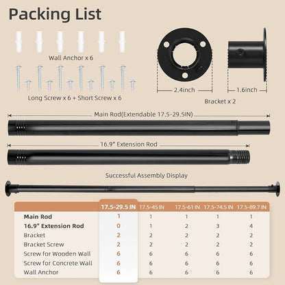 STORAGE MANIAC Closet Rods for Hanging Clothes 17.5 to 29.5 Inches Heavy Duty Stepless Adjustable Closet Hanging Rod 1.2 Inch Diameter Metal Closet Rod for Wardrobe Bathroom Bedroom Laundry RV, Black