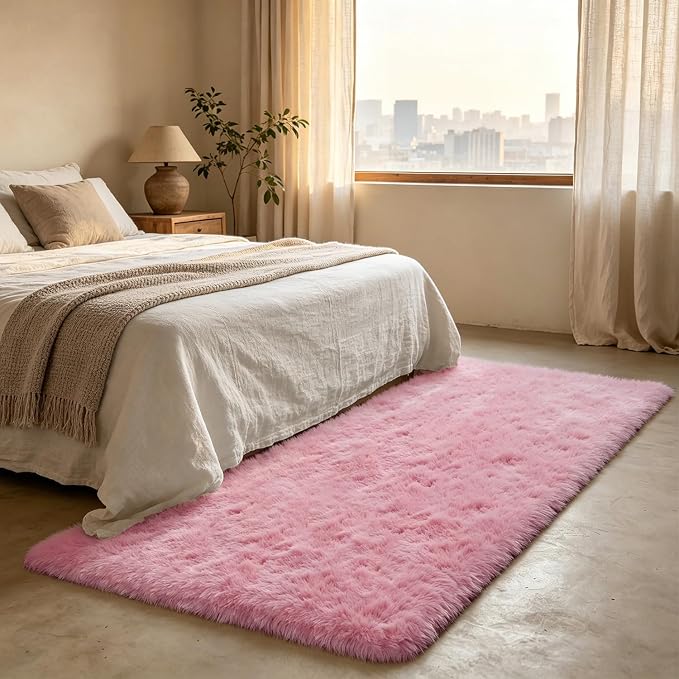 Shag Runner Rug for Bedroom Living Room 2x6 Upgrade Non-Slip Fluffy Soft Bedside Rugs,Pink Shaggy Carpet for Livingroom Dorm Home Decor Aesthetic