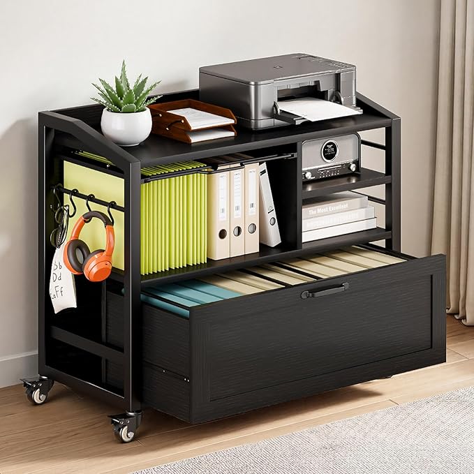 LVB Wood Lateral File Cabinet with Drawers, Rolling Filing Cabinet Under Desk for Home Office, Printer Stand with Storage Shelf, Hanging File Organizer for Legal/Letter Size, Black Oak, 33Inch