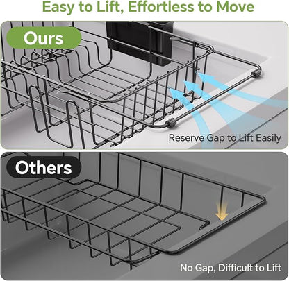 Simple Trending Expandable Dish Drying Rack in Sink, Adjustable Dish Drainers for Kitchen Counter, Inside Sink, Over the Sink with Utensil Holder, Black