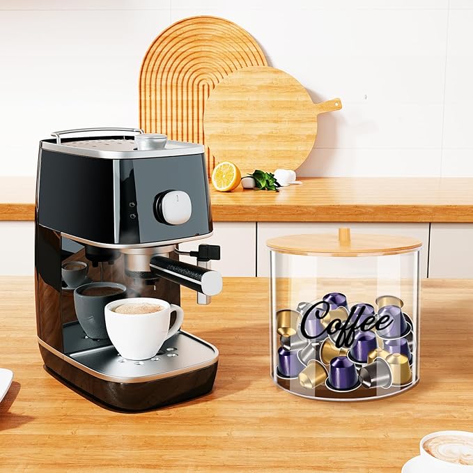 homicozy Coffee Pod Holder with Bamboo Lid, Large Capacity 80-Ounce Clear Countertop Storage for Coffee Capsules, K Cup Organizer for Keurig/Nespresso, coffee filter holder, Coffee Bar Accessories
