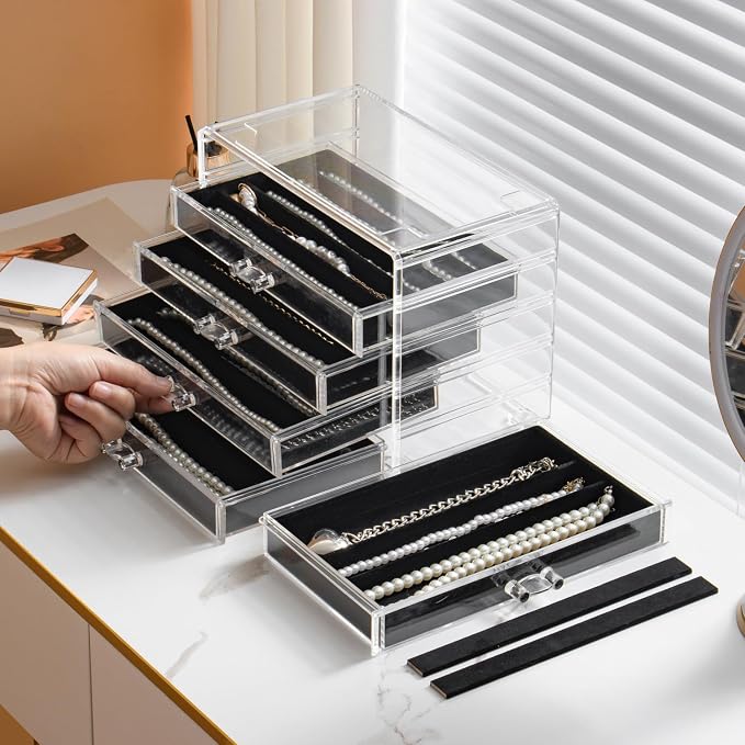 YUFONG Necklace Holder Organizer, Dustproof Necklace Box Velvet Necklace Organizer Box with Lid Clear Acrylic Dustproof Stackable Jewelry Displays for Necklaces Chain Display (Black, 5 Drawer)