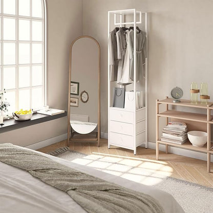 YMYNY Coat Racks, Clothes Rack with Drawers, Freestanding Tall Closet Organizer with 3 Fabric Drawers, Clothes Stand for Hanging Shirts, Coat,15.35" L×11.41" W×70.47" H, White UHGR001W