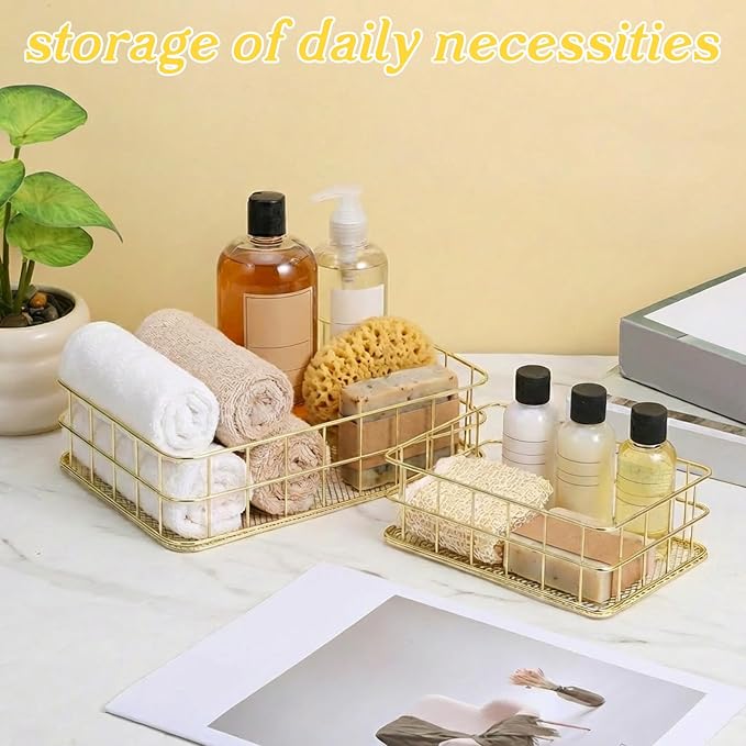 Gold Basket Set with 2 Pen Holders - 4Pcs Metal Mesh Desktop Organizer for Office, Bathroom, Vanity & Home Decor, Storage Solution for Stationery, Makeup, Files (Large & Small Sizes)