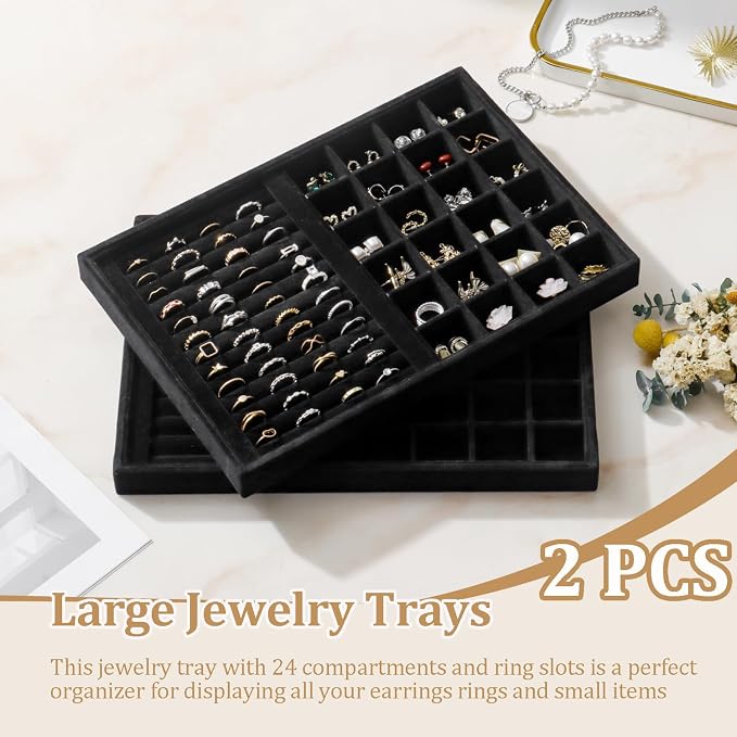 Large Velvet Jewelry Tray 2 Pack Stackable Jewelry Display Drawer Inserts Trays Organizer for Earring Bracelet Necklace Ring (Black, Ring and 24 Grids)