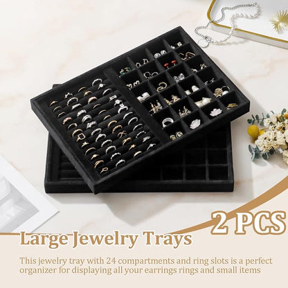 Large Velvet Jewelry Tray 2 Pack Stackable Jewelry Display Drawer Inserts Trays Organizer for Earring Bracelet Necklace Ring (Black, Ring and 24 Grids)