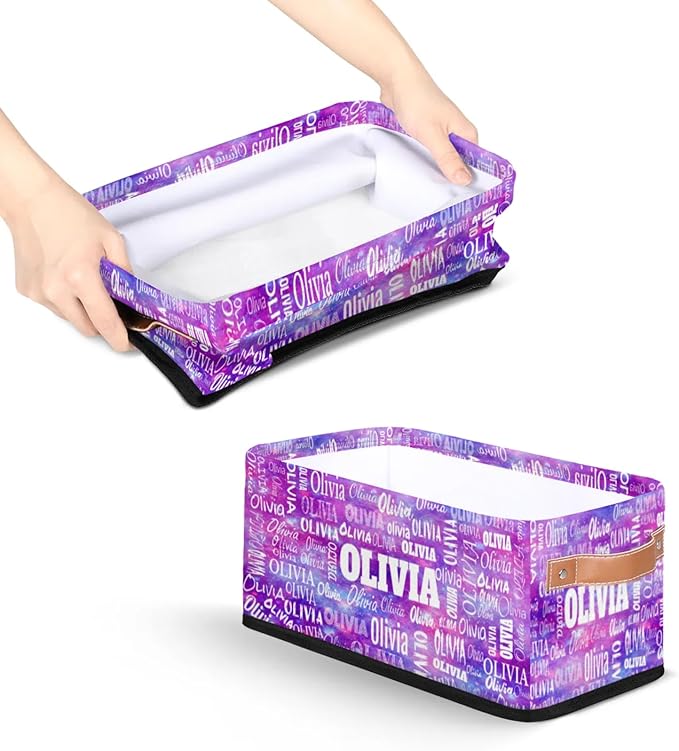 Custom Name Storage Basket, Personalized Small Storage Basket with Handles for Organizing Women Cosmetics Kids Toys Office Closet Shelf Baskets, Watercolor Purple Universe