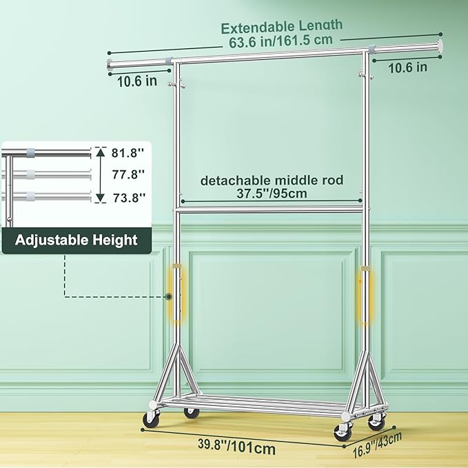 100% Stainless Steel Heavy Duty Rolling Clothes Rack with Double Rods for Hanging Clothes, Adjustable & Extendable Metal Clothing Rack, Garment Rack With Wheels Shelf, Sturdy Freestanding Closet Rack