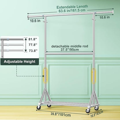 100% Stainless Steel Heavy Duty Rolling Clothes Rack with Double Rods for Hanging Clothes, Adjustable & Extendable Metal Clothing Rack, Garment Rack With Wheels Shelf, Sturdy Freestanding Closet Rack
