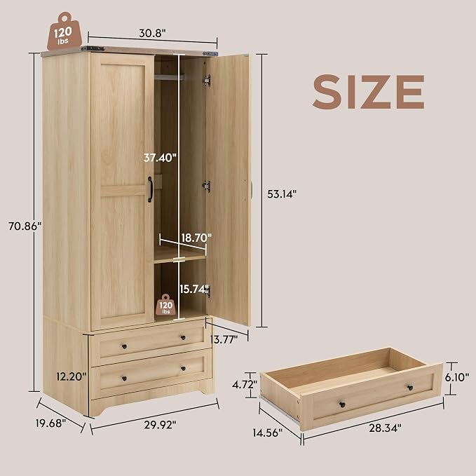 Brafab Armoire Wardrobe Closet with 2 Modern Doors Set of 2, 71" Tall Freestanding Closet Wardrobe Cabinet with Drawers and Hanging Rail, Wooden Storage Cabinet with Shelve for Bedroom, Natural