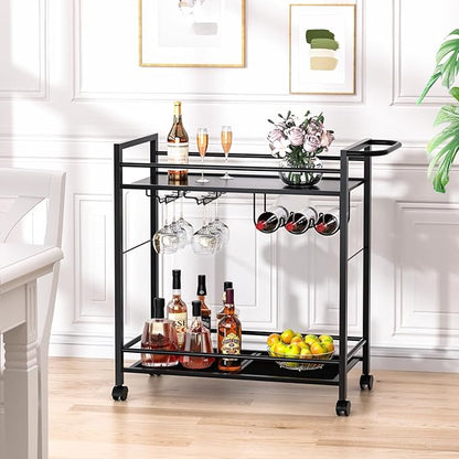 Bar Cart,Home Bar Serving Cart with Storage Shelves, 2 Tier Rolling Beverage Cart with Wheels, Modern Vintage Black Wine Cart with Wine Rack and Glass Holder for Kitchen, Dinning Room,Living Room