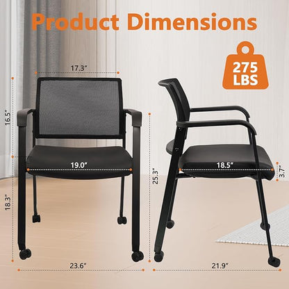 CLATINA Stacking Office Chair with Wheels, Mesh Back Waiting Room Guest Chairs with Arms Comfortable Leather Cushion Stackable Desk Chair for Conference Reception School Side Stationary, Black